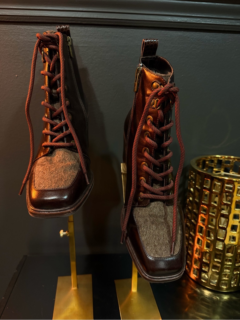 NWOB Antonio Melani Brown Leather Wool Lace Up Heeled Boots